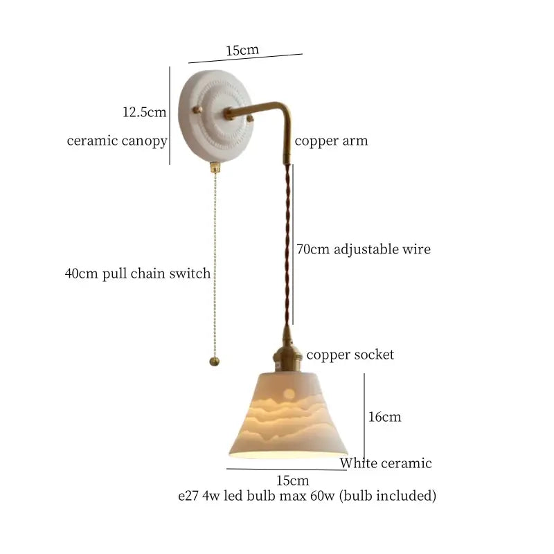 Vintage white ceramic and brass wall sconce with copper arm, adjustable led light, 70cm wire, and pull chain switch by decorbites adjustable led