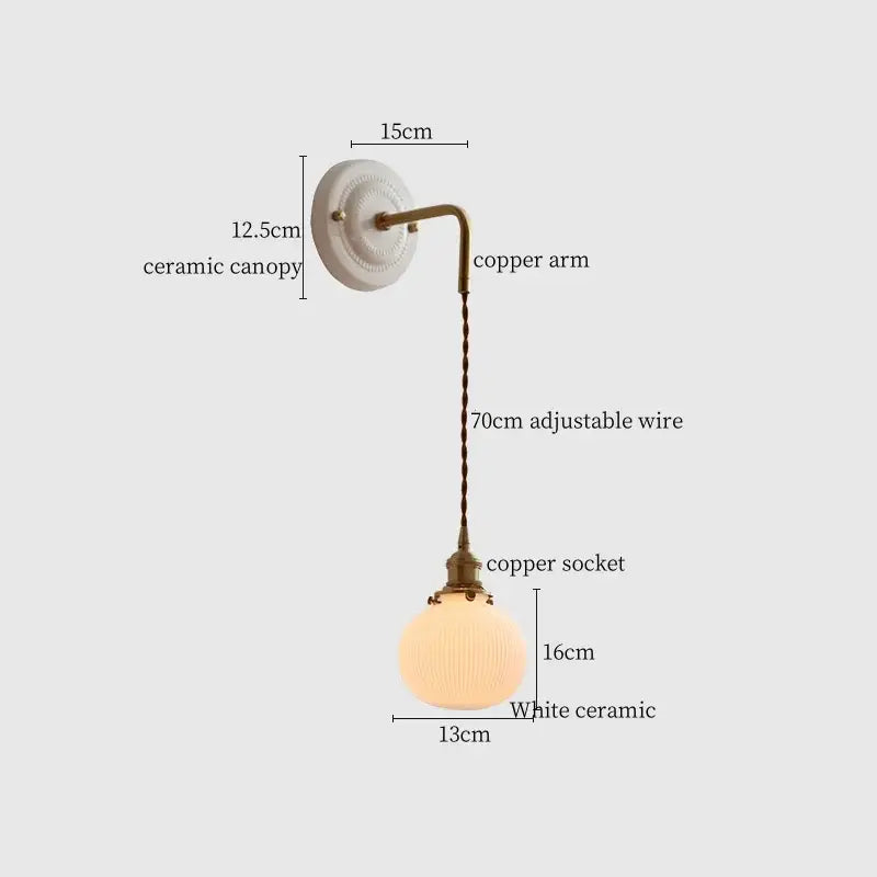 White ceramic pendant wall sconce with copper arm and adjustable wire featuring decorbites adjustable led light
