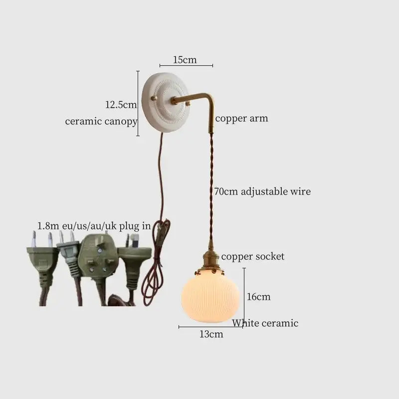 Vintage white ceramic and brass wall sconce with copper arm and adjustable led wire for bedroom decorbites adjustable led