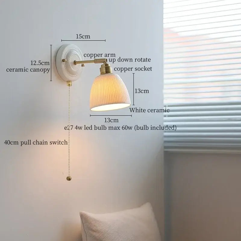 Vintage white ceramic and brass wall sconce light with copper arm and ribbed lampshade for bedroom use