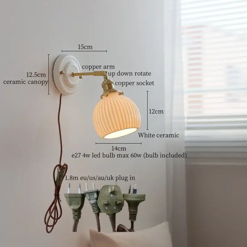 Vintage white ceramic and brass wall sconce light with ribbed glass shade and pull chain for bedroom use