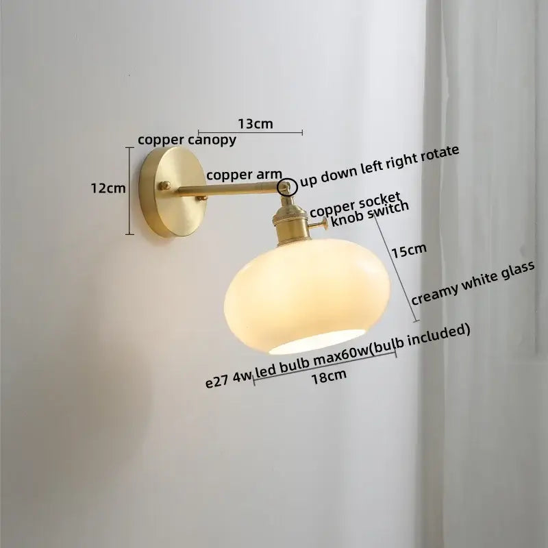 Vintage ceramic copper led wall light with creamy white ruffled glass shade for bedroom decorbites wall light