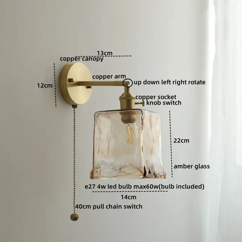 Vintage ceramic copper led wall light with brass finish and amber textured glass shade ideal for bedroom decorbites decor
