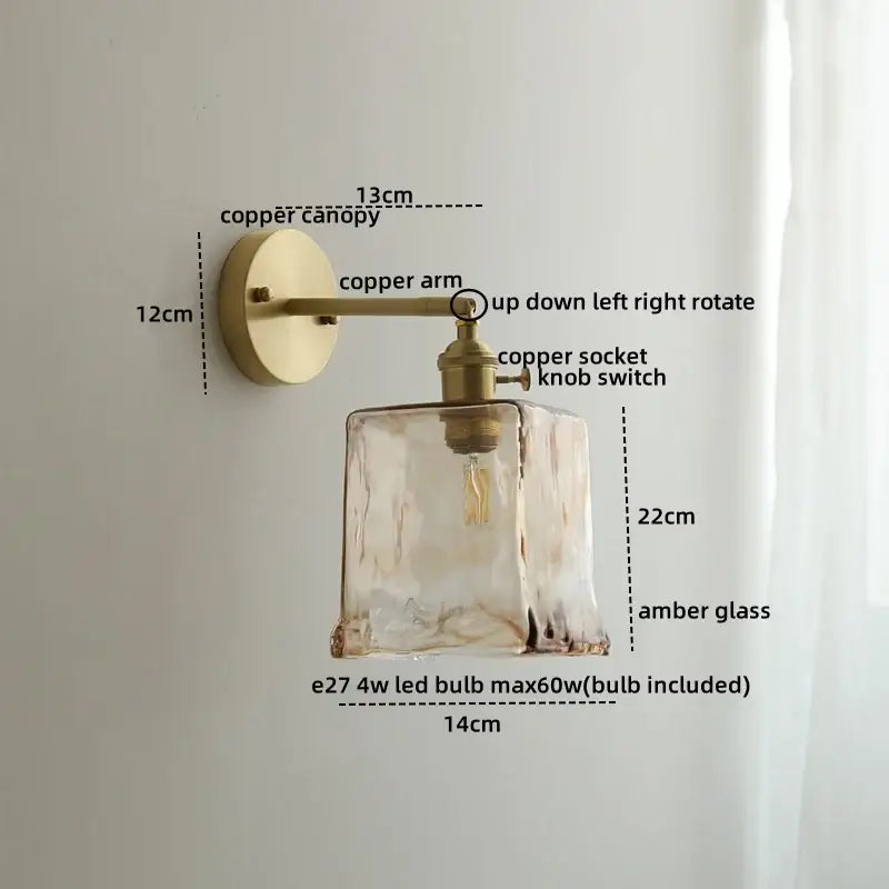 A warm amber faceted glass vintage ceramic copper led wall light with brass copper hardware for bedroom decorbites
