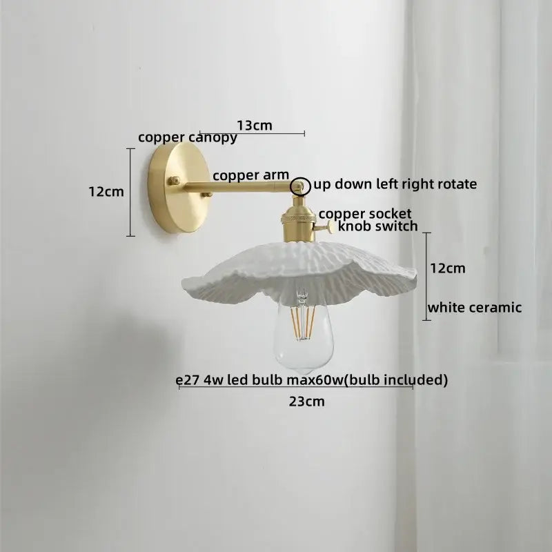 Vintage ceramic copper led wall light with delicate white flower-shaped ceramic shade and brass copper arm for bedroom decorbites ceramic copper wall light