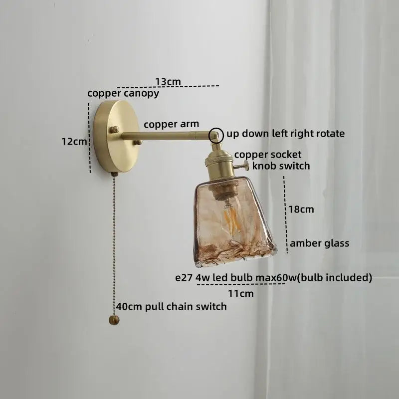Vintage ceramic copper led wall light with brass-finished canopy and amber ruffled glass shade for bedroom decorbites wall light