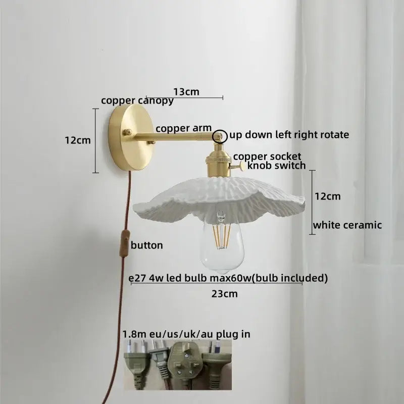 Vintage white ceramic copper led wall light with ruffled shade and brass arm for bedroom decorbites ceramic copper design