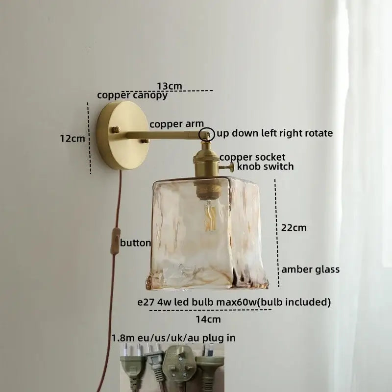 Copper wall light with textured amber ruffled glass shade vintage ceramic copper led decorbites bedroom light