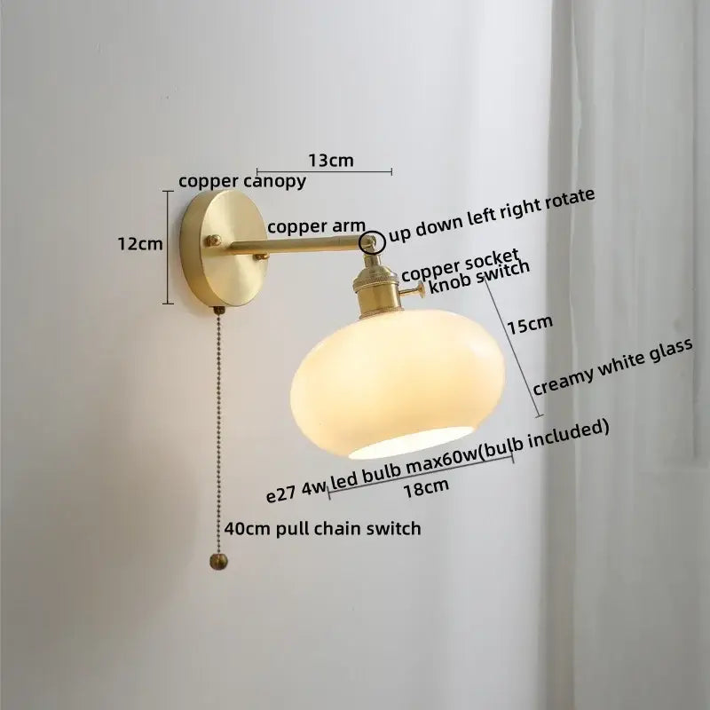 Vintage ceramic copper led wall light with creamy white ruffled glass shade and adjustable arm for bedroom decorbites wall light