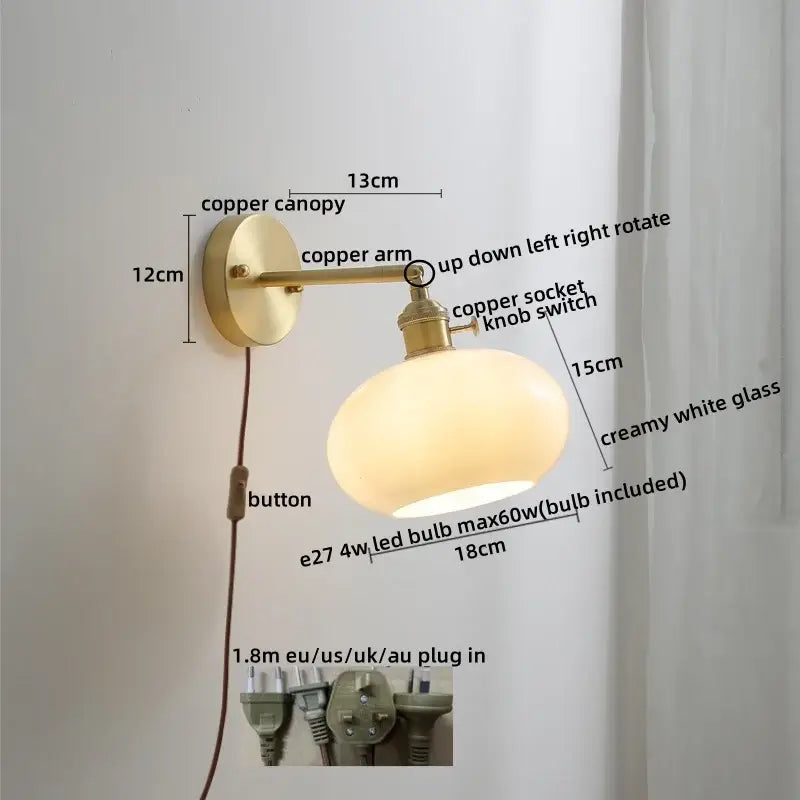 A vintage ceramic copper led wall light with a warm copper finish and creamy white ruffled shade for bedroom decor