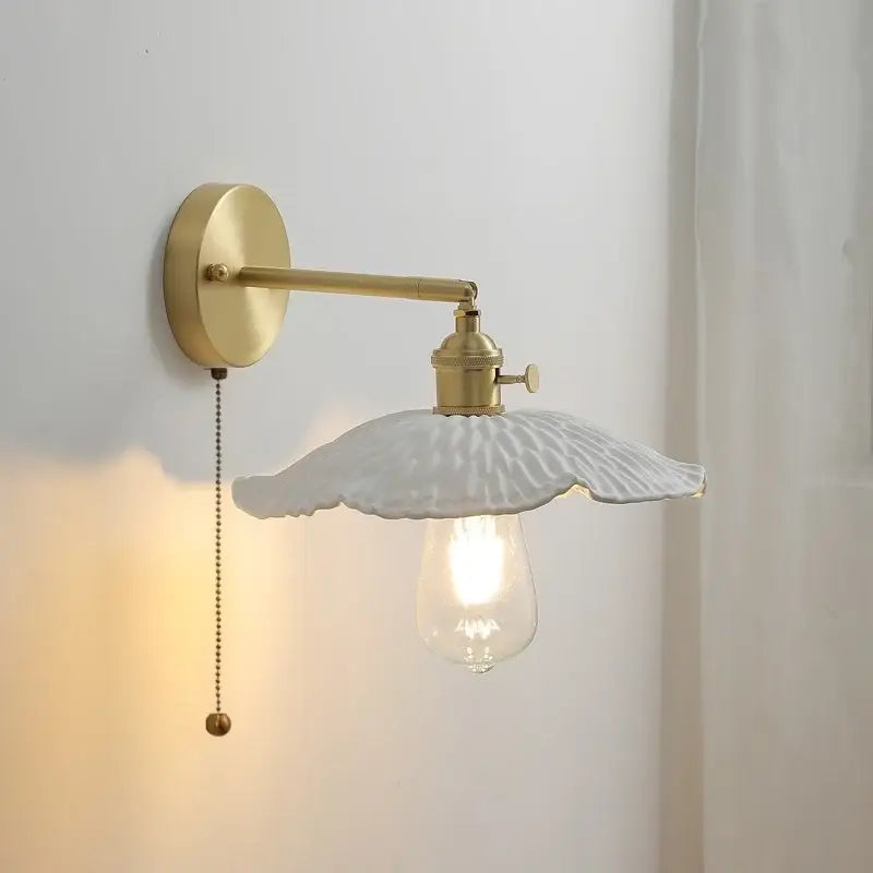 Vintage white ceramic copper led wall light with ruffled flower-shaped shade brass finish for bedroom decorbites ceramic copper