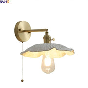 Vintage ceramic copper led wall light with brass-finished metal frame and off-white ruffled glass shade for decorbites bedroom decor