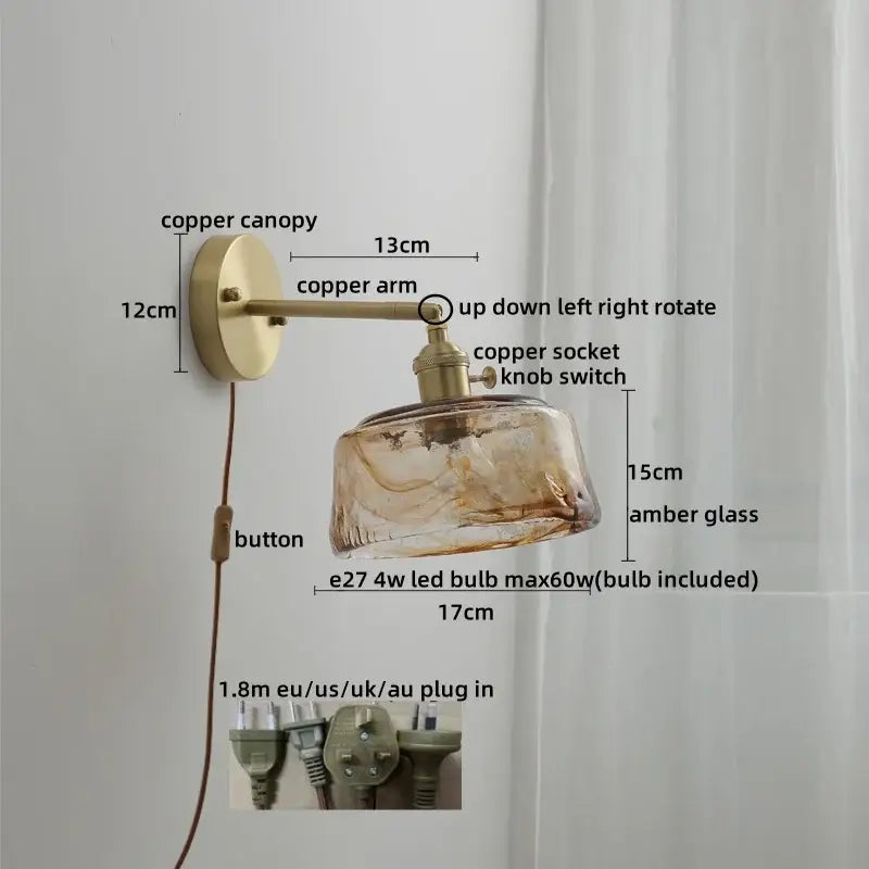 Vintage ceramic copper led wall light with brass finish and amber ruffled glass shade for bedroom decorbites wall light