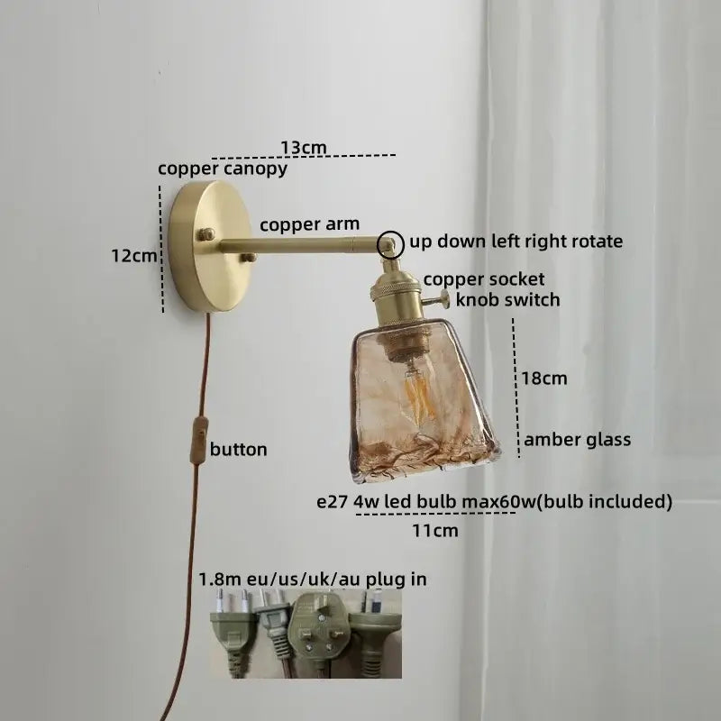 Vintage ceramic copper led wall light with brass finish and amber ruffled glass shade for bedroom decorbites ceramic copper