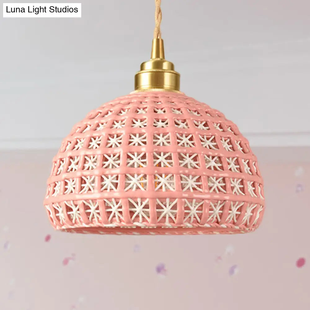 Vintage Ceramic Dome Suspension Lamp with Hollow Out Design, Blue/Pink 1-Light Hanging Fixture