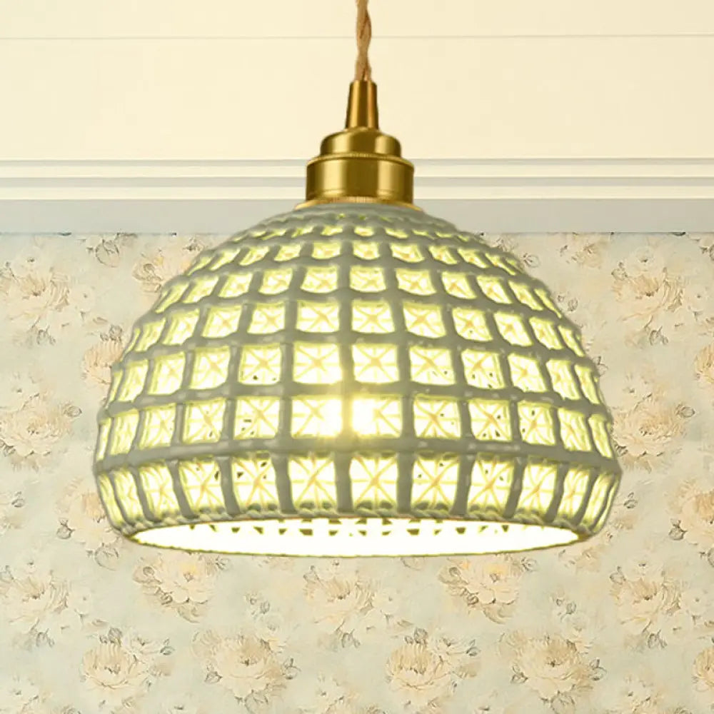 Vintage Ceramic Dome Suspension Lamp with Hollow Out Design, Blue/Pink 1-Light Hanging Fixture