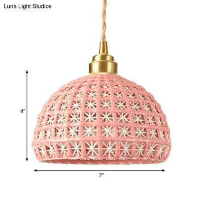 Vintage Ceramic Dome Suspension Lamp with Hollow Out Design, Blue/Pink 1-Light Hanging Fixture