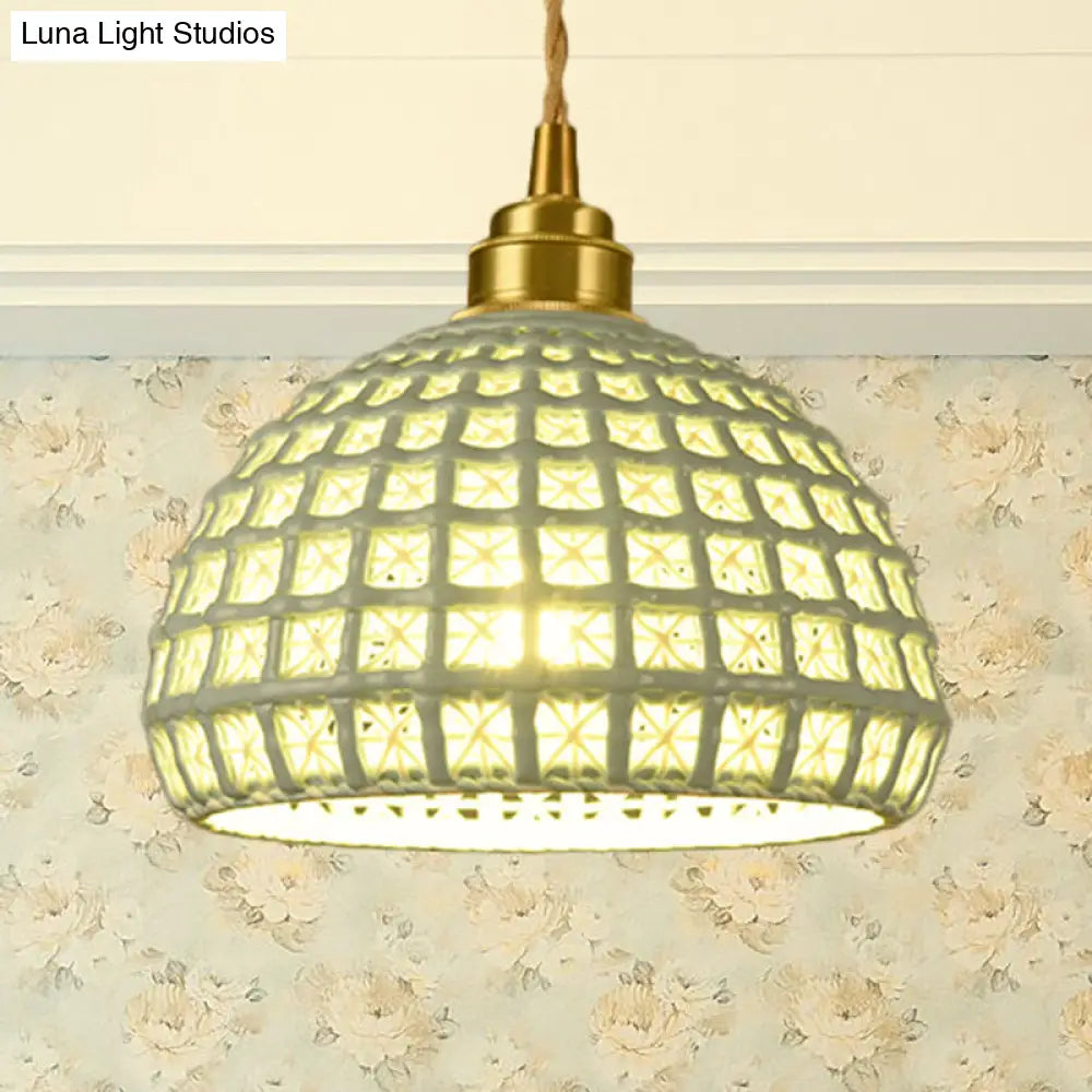 Vintage Ceramic Dome Suspension Lamp with Hollow Out Design, Blue/Pink 1-Light Hanging Fixture