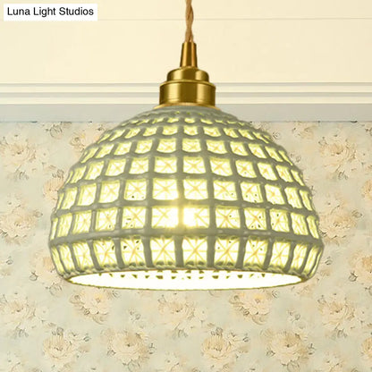 Vintage Ceramic Dome Suspension Lamp with Hollow Out Design, Blue/Pink 1-Light Hanging Fixture