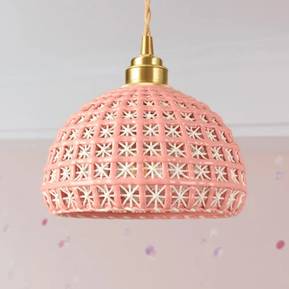 Vintage Ceramic Dome Suspension Lamp with Hollow Out Design, Blue/Pink 1-Light Hanging Fixture