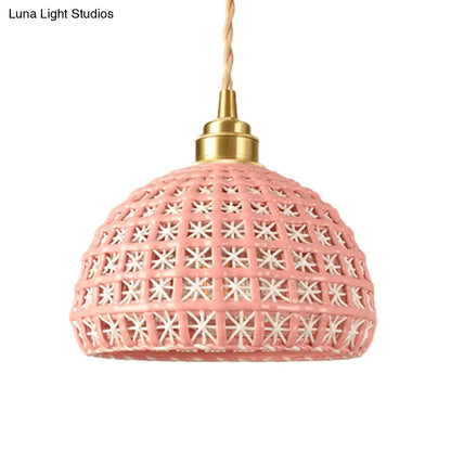 Vintage Ceramic Dome Suspension Lamp with Hollow Out Design, Blue/Pink 1-Light Hanging Fixture