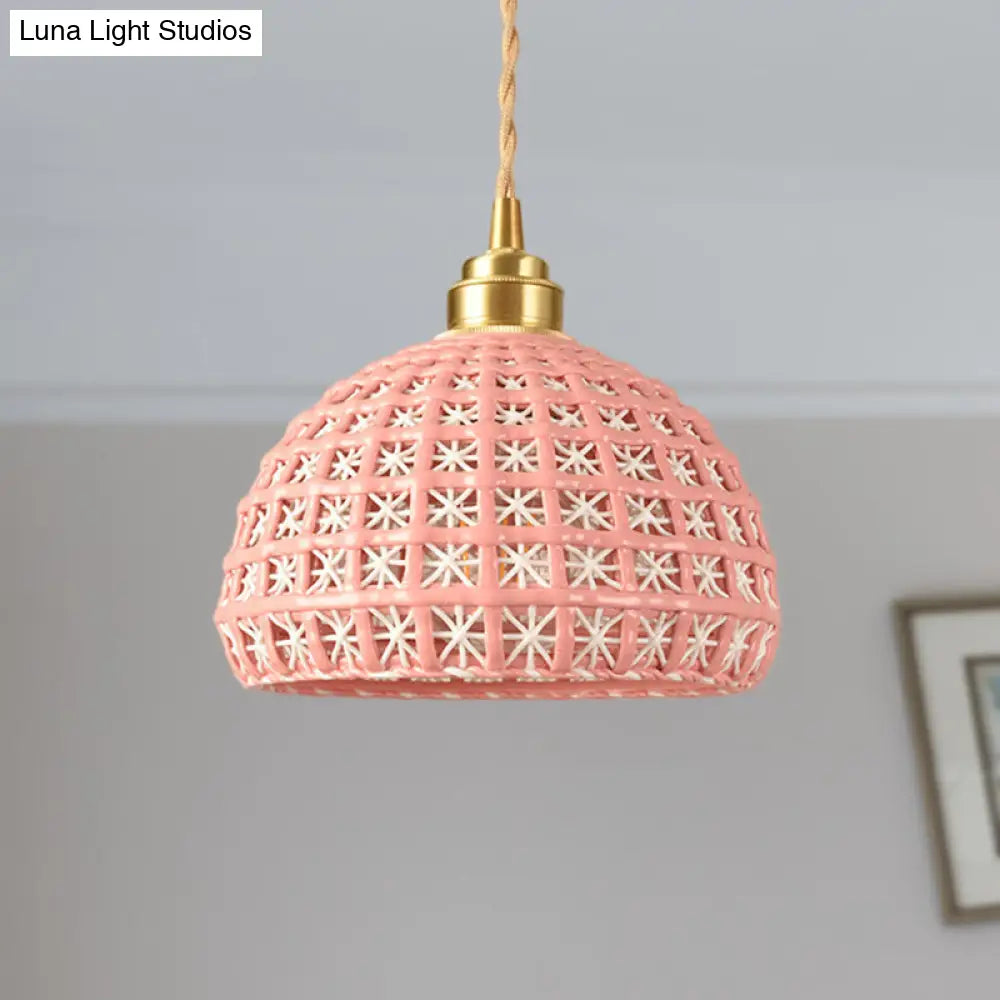 Vintage Ceramic Dome Suspension Lamp with Hollow Out Design, Blue/Pink 1-Light Hanging Fixture