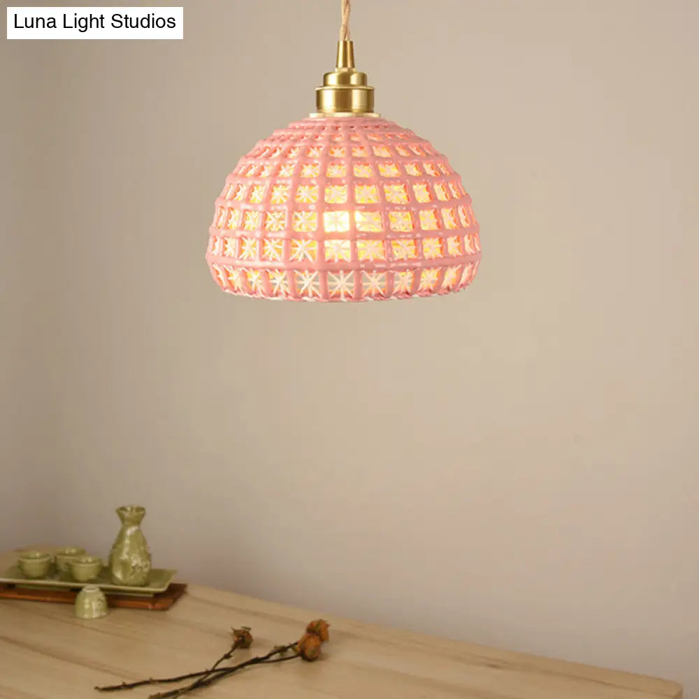 Vintage Ceramic Dome Suspension Lamp with Hollow Out Design, Blue/Pink 1-Light Hanging Fixture