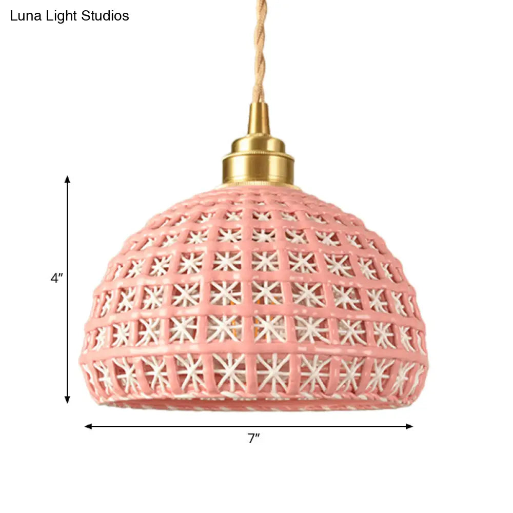 Vintage Ceramic Dome Suspension Lamp with Hollow Out Design, Blue/Pink 1-Light Hanging Fixture