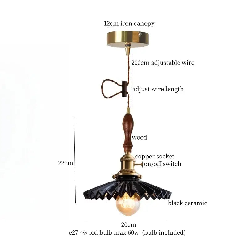 Black ceramic led pendant light with wooden handle and brass accents for kitchen decorbites ceramic led pendant