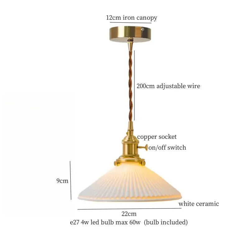Vintage ceramic led pendant light with brass finish iron canopy and twisted copper wire suspension for kitchen decorbites ceramic led decor