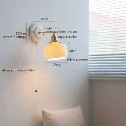White ceramic wall lamp with brass copper arm and ridged ceramic led wall shade for bedroom decorbites ceramic led