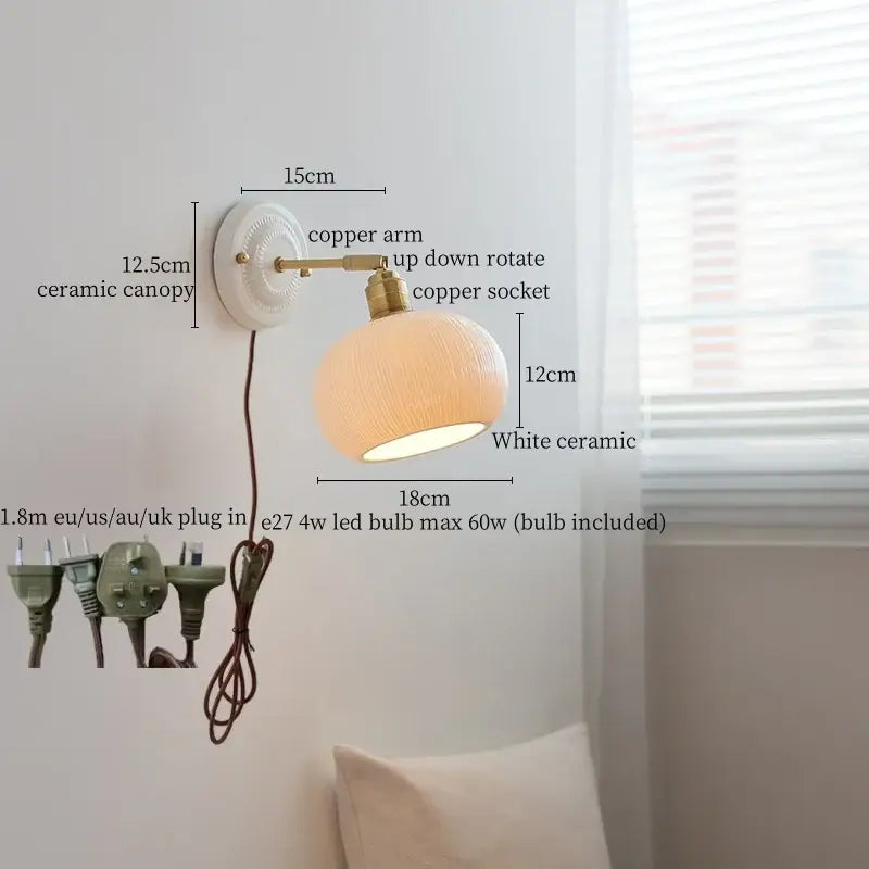 White ceramic led wall lamp with ridged sconce and adjustable copper arm by decorbites ceramic led wall collection