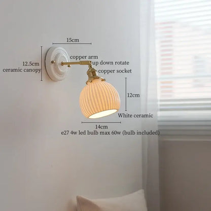 White ceramic decorbites ceramic led wall lamp with ribbed glass shade and brass copper arm for bedroom decor