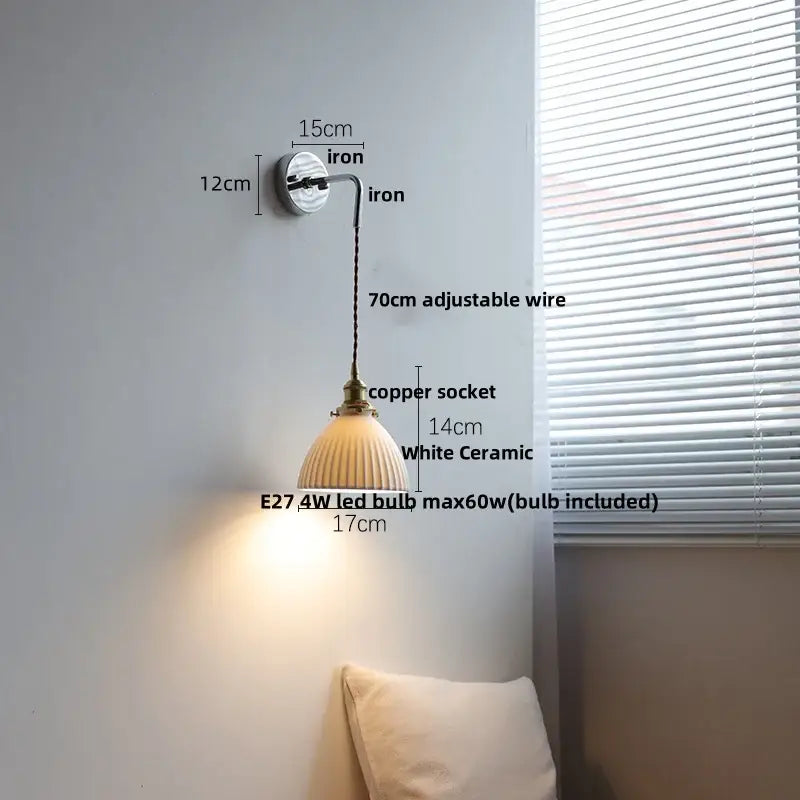 Vintage ceramic led wall sconce with white fluted ceramic shade and brass copper socket for bedroom decorbites ceramic led