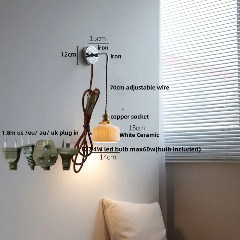 Vintage ceramic led wall sconce with white ceramic shade brass copper socket and iron mounting bracket for bedroom decorbites ceramic led