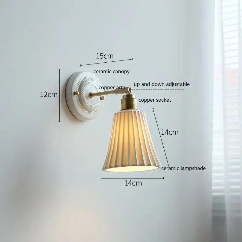 Vintage ceramic wall lamp with white ceramic canopy, brass copper arm, and fluted cream ceramic shade for bedroom decorbites ceramic wall lamp