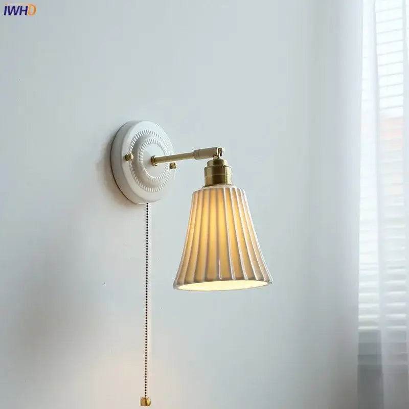Vintage ceramic wall lamp with white ceramic base brass arm and fluted glass shade for bedroom decorbites ceramic wall lamp