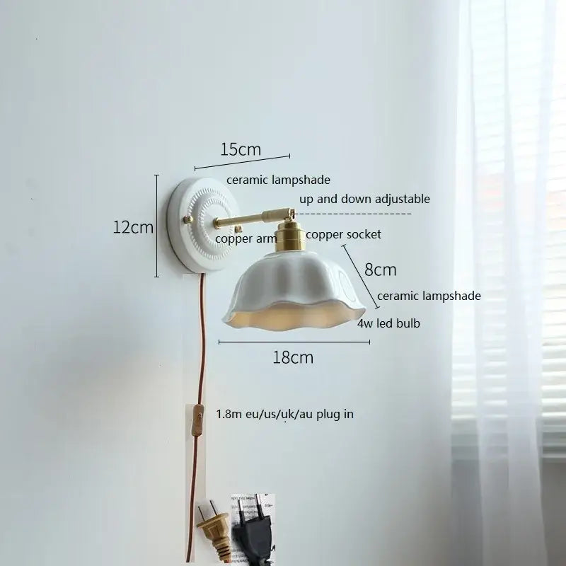 Vintage ceramic wall lamp with adjustable white ceramic shade and brass copper arm for bedroom decorbites ceramic wall lamp