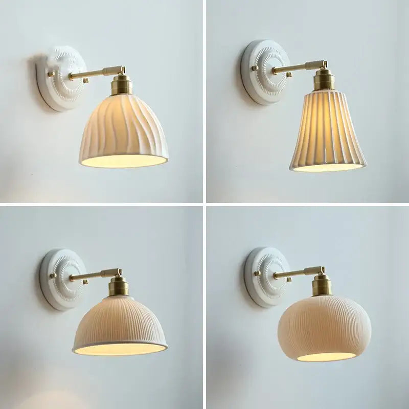 White ceramic wall lamp with gold-toned metal accents and ribbed dome-shaped shade for bedroom decorbites ceramic wall lamp