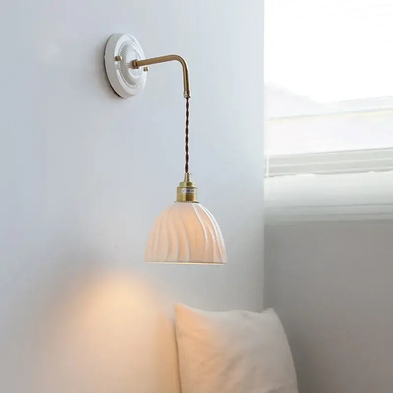 Vintage ceramic wall sconce with copper arm and off-white ribbed glass shade wall sconce decorbites ceramic wall lamp