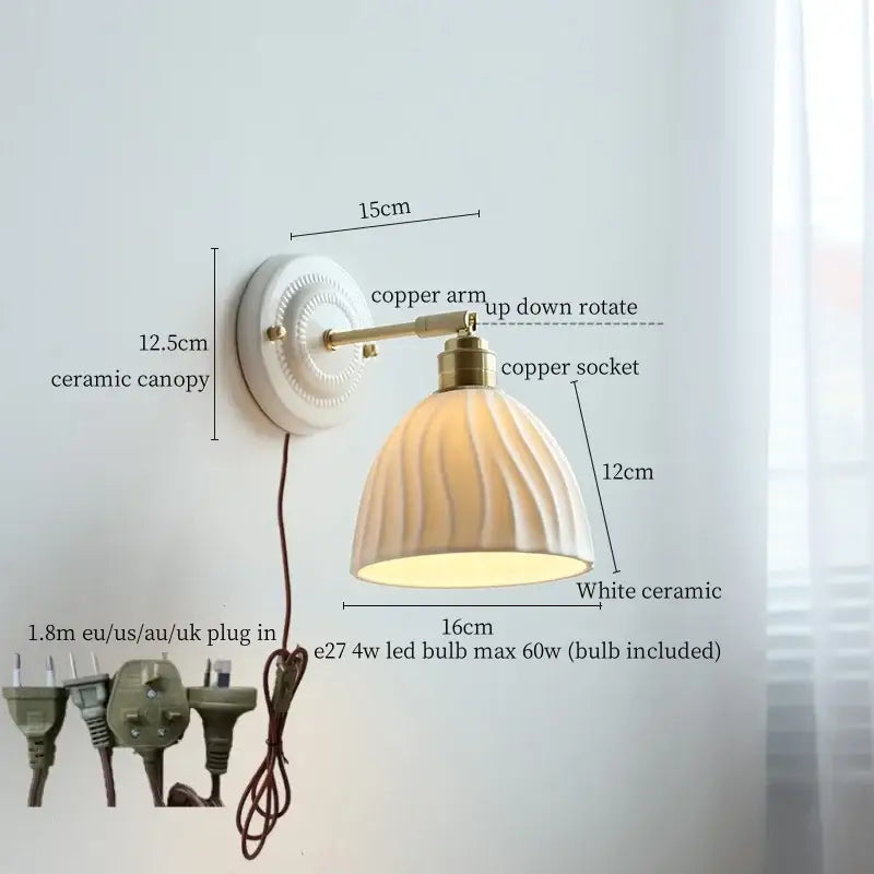 Vintage ceramic wall sconce with white fluted shade and copper arm for bedroom decorbites ceramic wall lighting