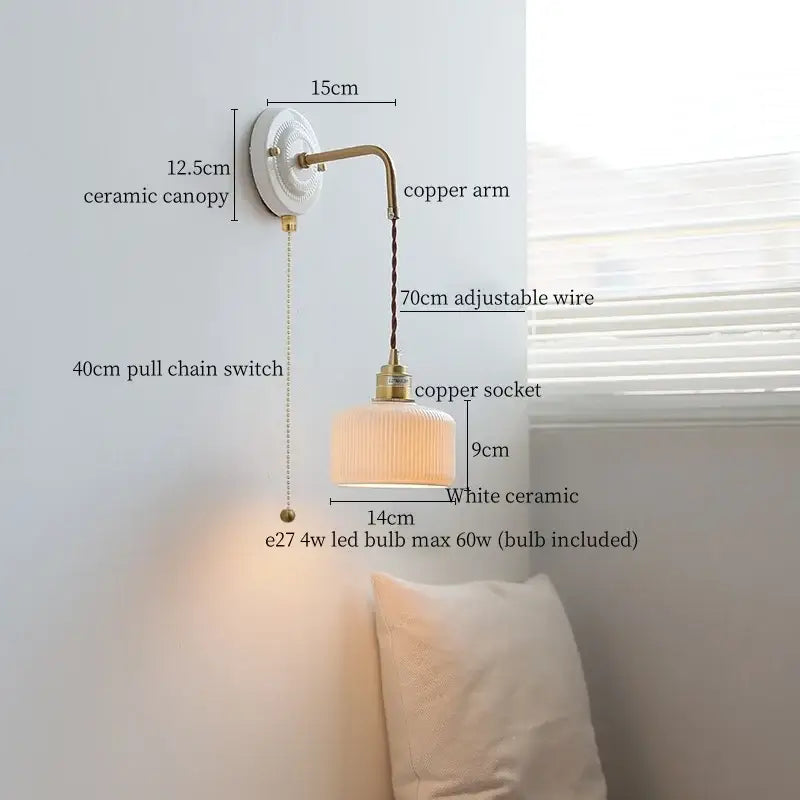 Vintage ceramic wall sconce with white ceramic shade and copper arm featuring adjustable wire for height customization