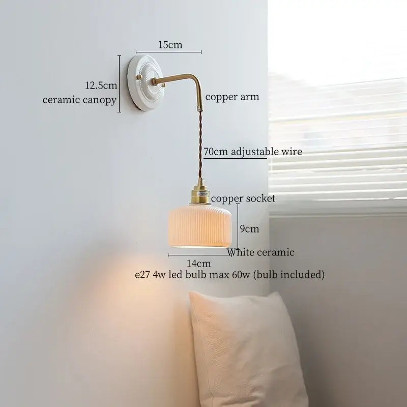 Vintage ceramic wall sconce with white ceramic canopy, copper arm, and ribbed shade for bedroom decorbites ceramic wall use