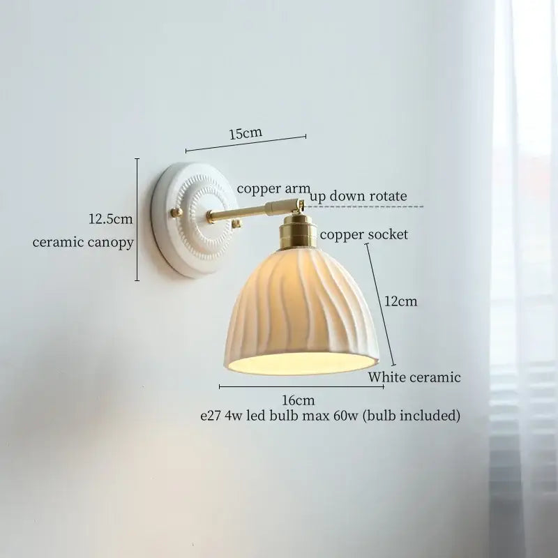 Vintage ceramic wall sconce with white ribbed dome shade and copper arm for bedroom decorbites ceramic wall lighting