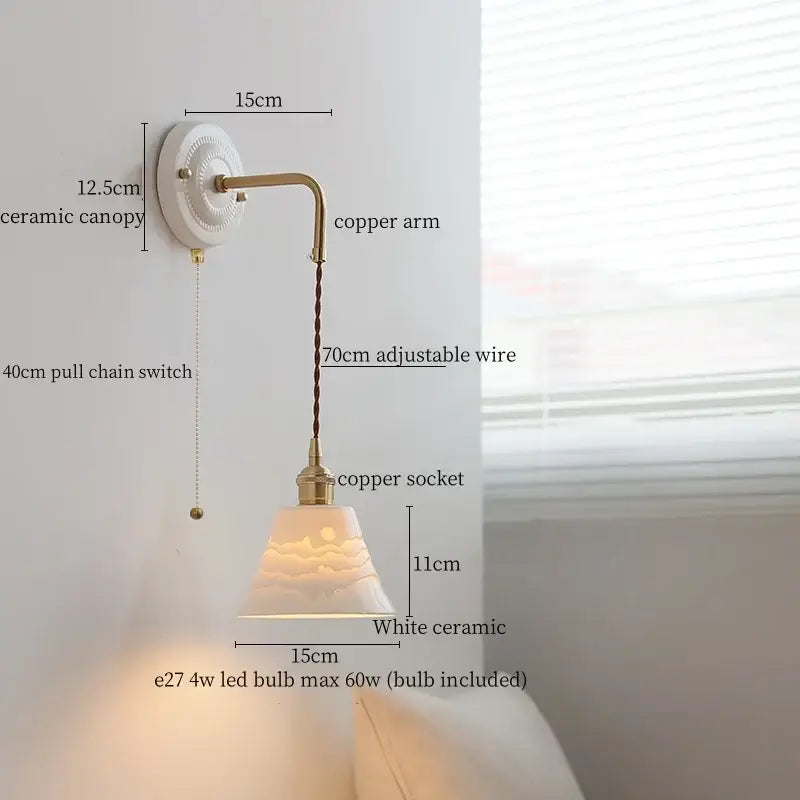White ceramic wall sconce with copper arm and socket decorbites ceramic wall sconce with adjustable wire and pull chain switch