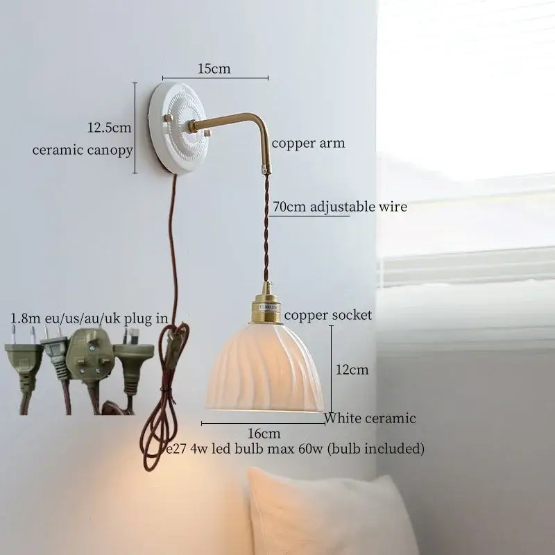 Vintage ceramic wall sconce with white ceramic shade and brass copper arm featuring adjustable 70cm wire and pull chain