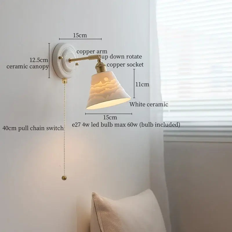 Vintage ceramic wall sconce with a white etched ceramic shade and copper arm for bedroom decorbites ceramic wall sconce