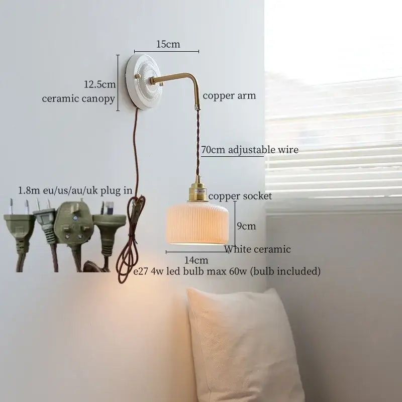 Vintage ceramic wall sconce with copper arm and white ceramic canopy featuring an adjustable 70cm wire decorbites ceramic wall