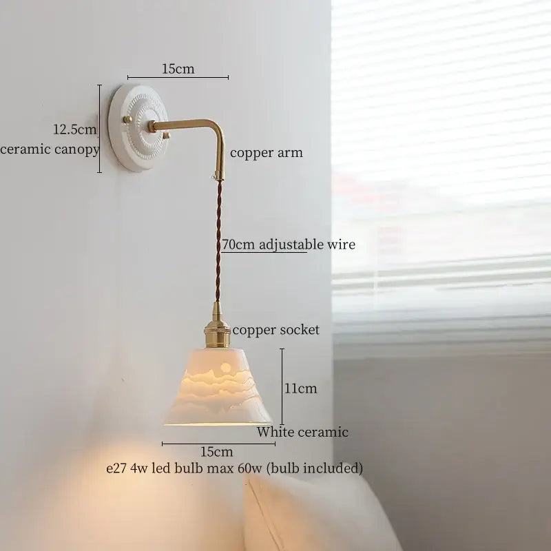 Vintage ceramic wall sconce with white ceramic shade, copper arm, adjustable wire, and sun motif for bedroom decorbites ceramic wall sconce