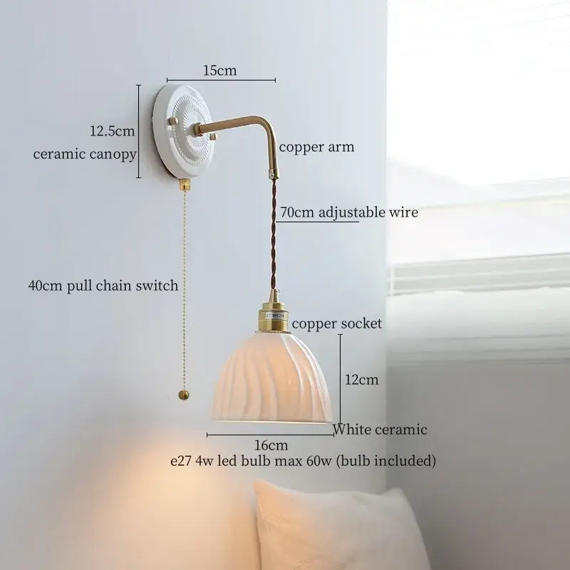 Vintage ceramic wall sconce with curved copper arm pull chain and adjustable wire for bedroom decorbites ceramic wall lighting